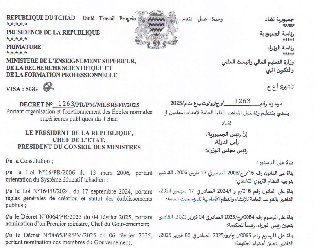 DÉCRET Portant organisation et fonctionnement des Écoles normales supérieures publiques du Tchad
